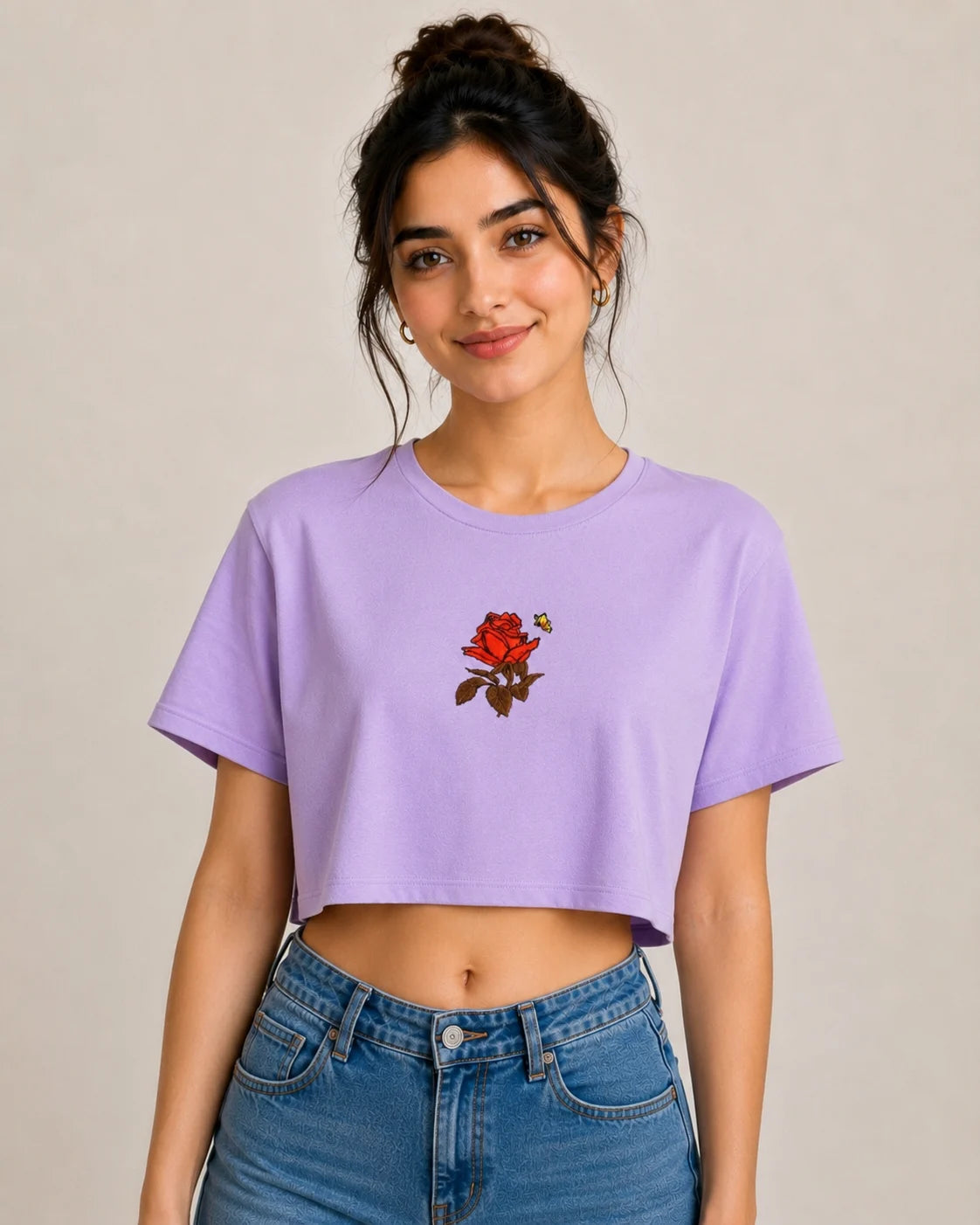 Premium Rose Embroidered Crop Top T-Shirt