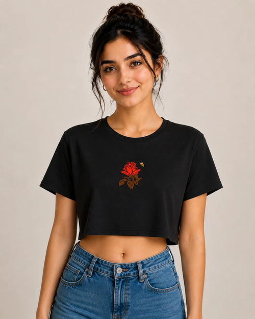 Premium Rose Embroidered Crop Top T-Shirt