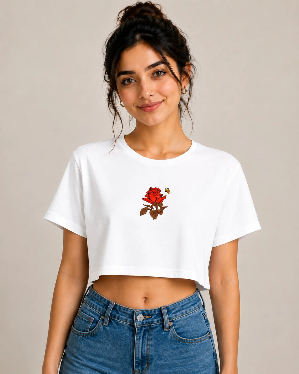 Premium Rose Embroidered Crop Top T-Shirt