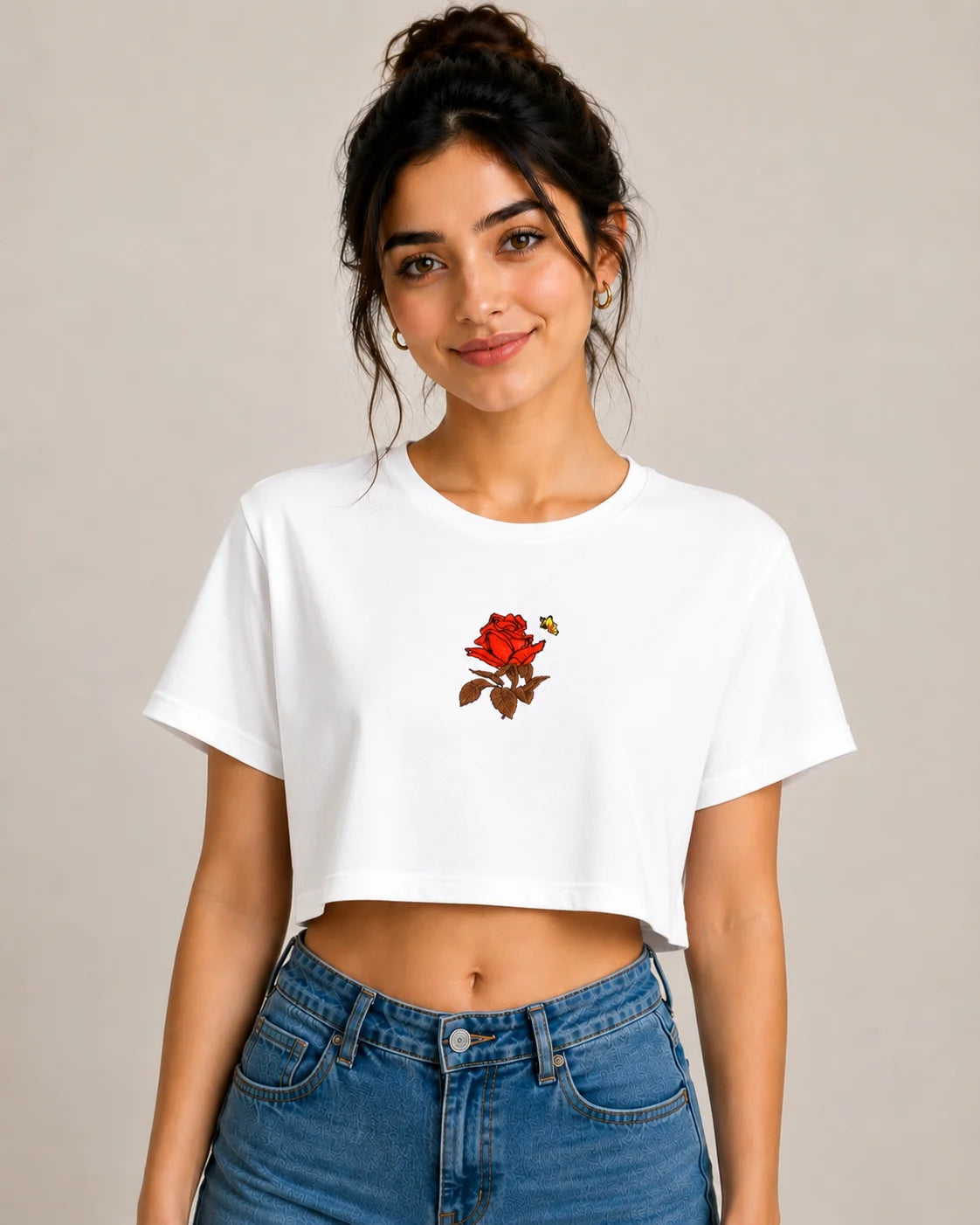 Premium Rose Embroidered Crop Top T-Shirt